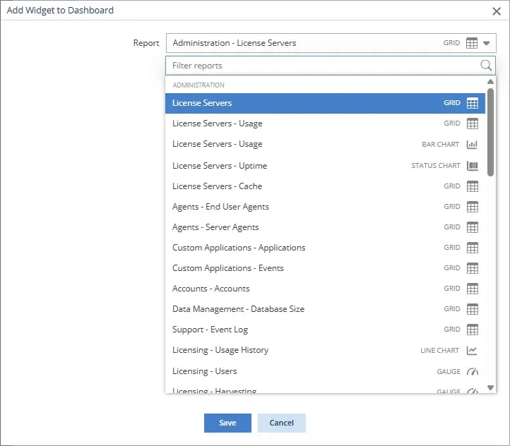 License Statistics 7.4 - Add widget to Dashboard